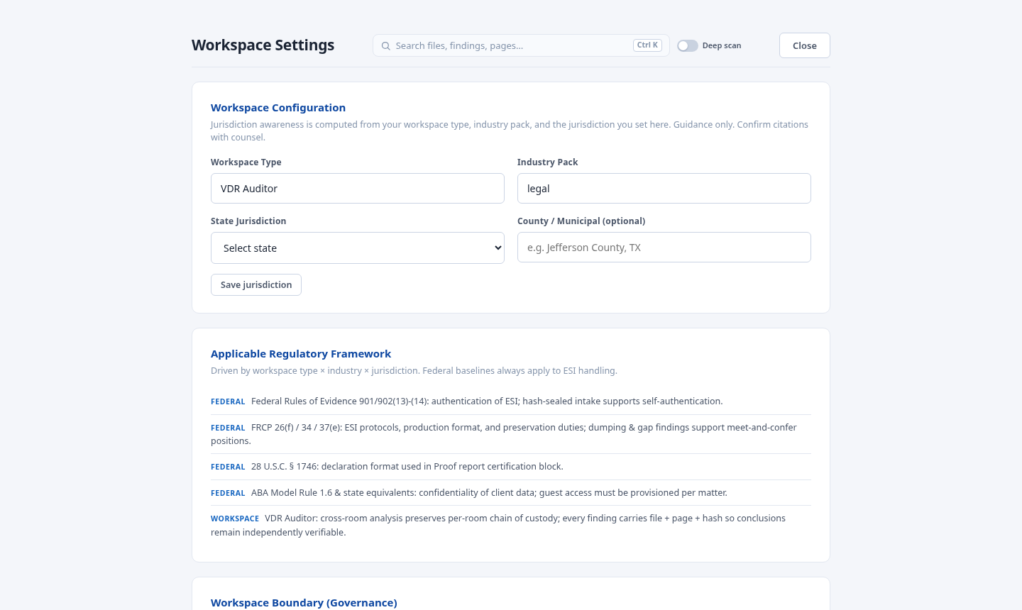 Workspace Boundary settings panel recording mode, industry pack, jurisdiction, and role capabilities