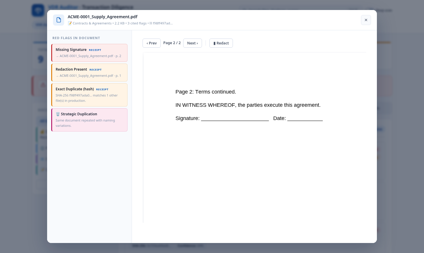Document viewer showing a red flag finding with the cited passage, file, page, and hash